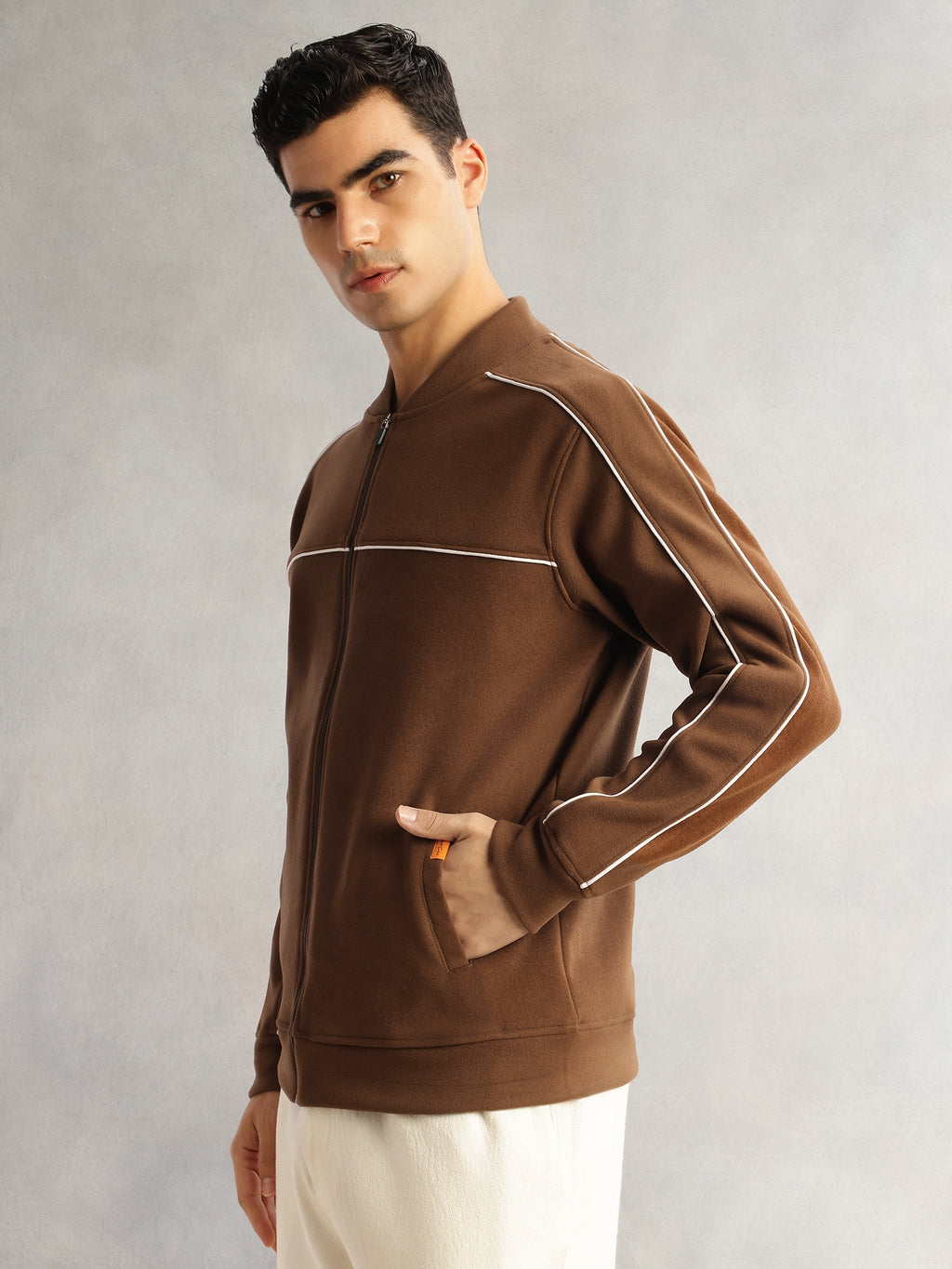 Thomas Scott Men Brown Regular Fit Long Sleeves Mandarin Collar Self Design Dry Clean Polyester Knitted Open-Front Jacket