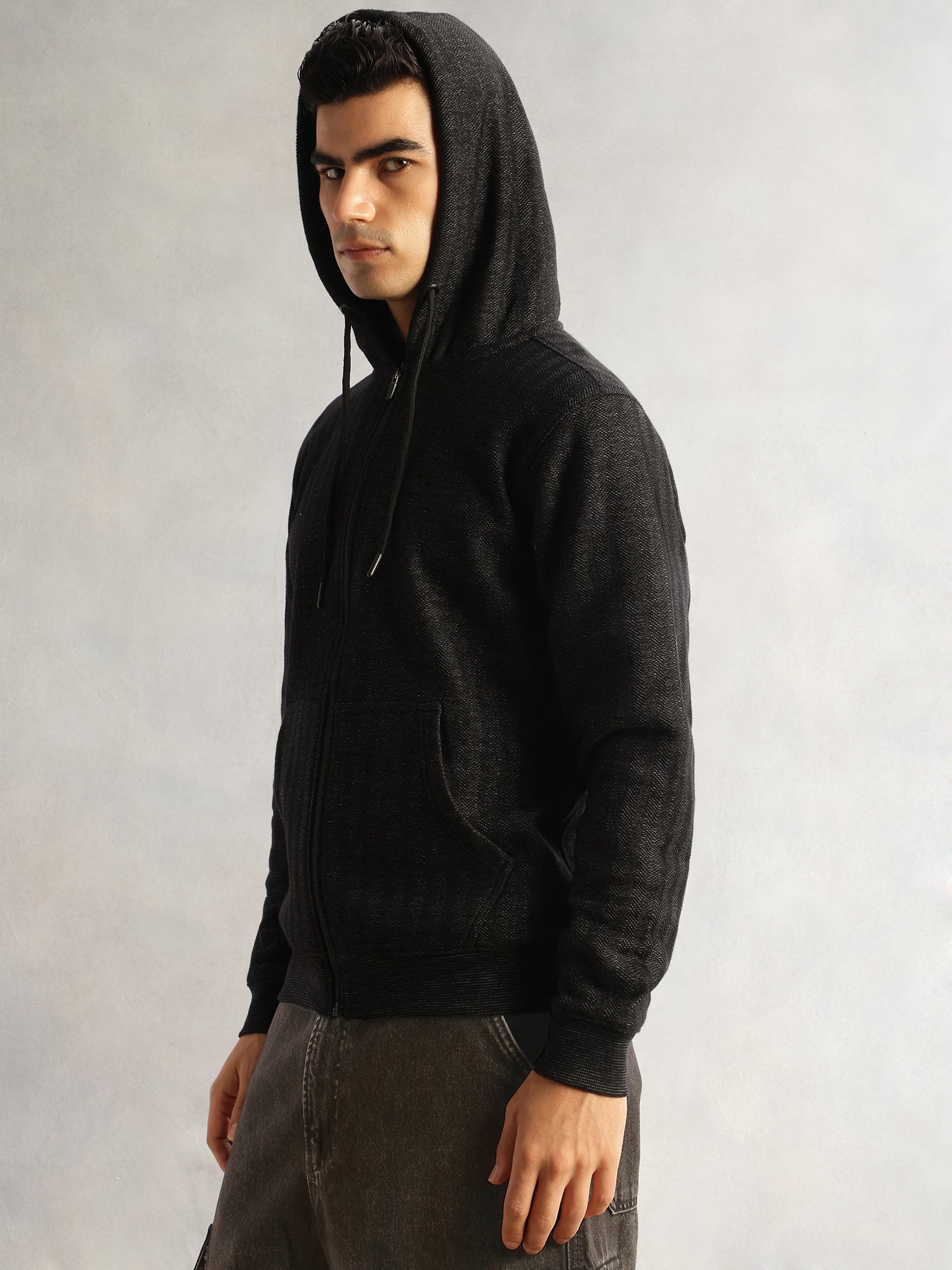 Thomas Scott Men Black Regular Fit Long Sleeves 2 Pockets Front-Open Knitted Hooded Sweatshirt
