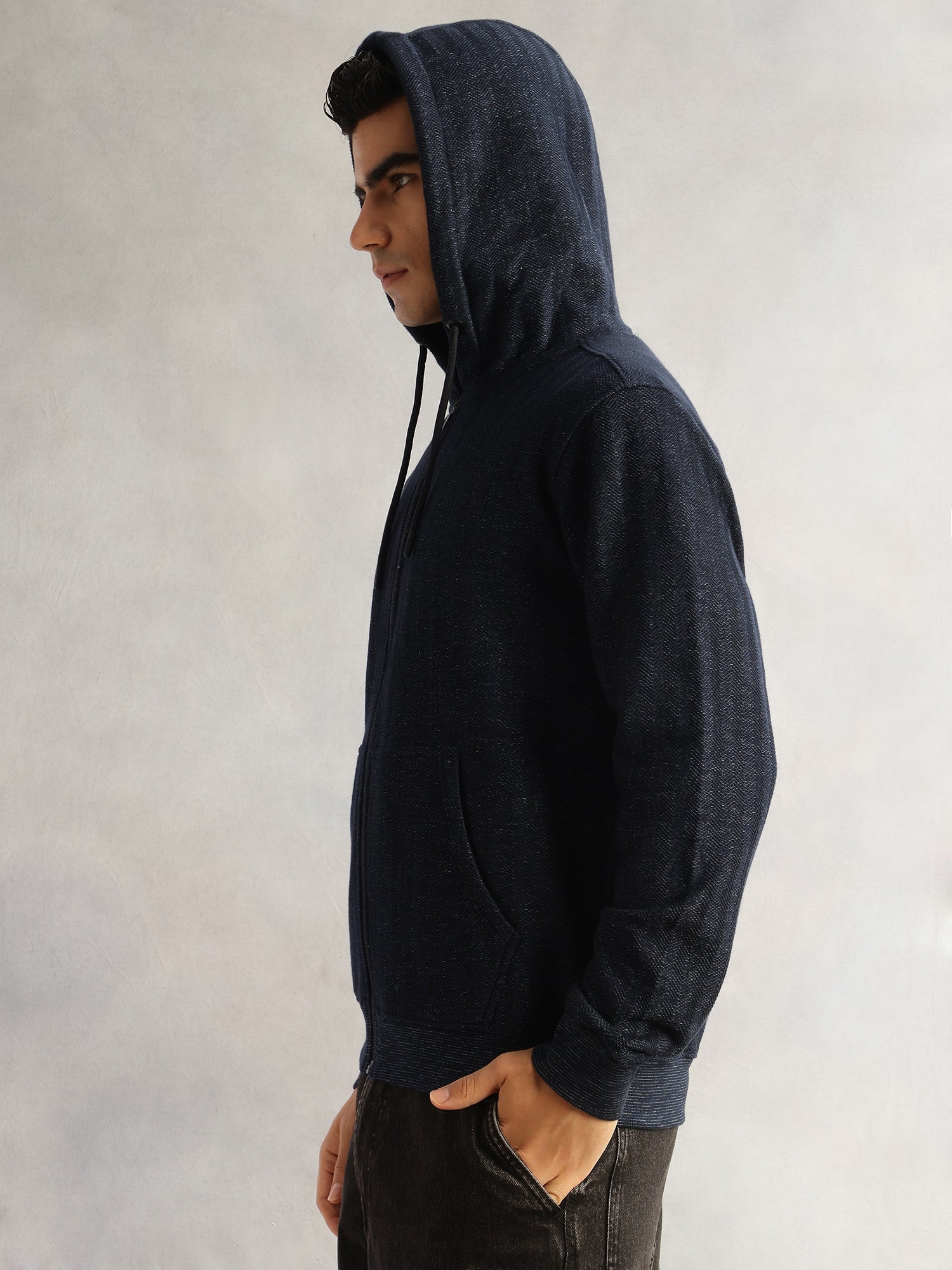 Thomas Scott Men Navy Regular Fit Long Sleeves 2 Pockets Front-Open Knitted Hooded Sweatshirt