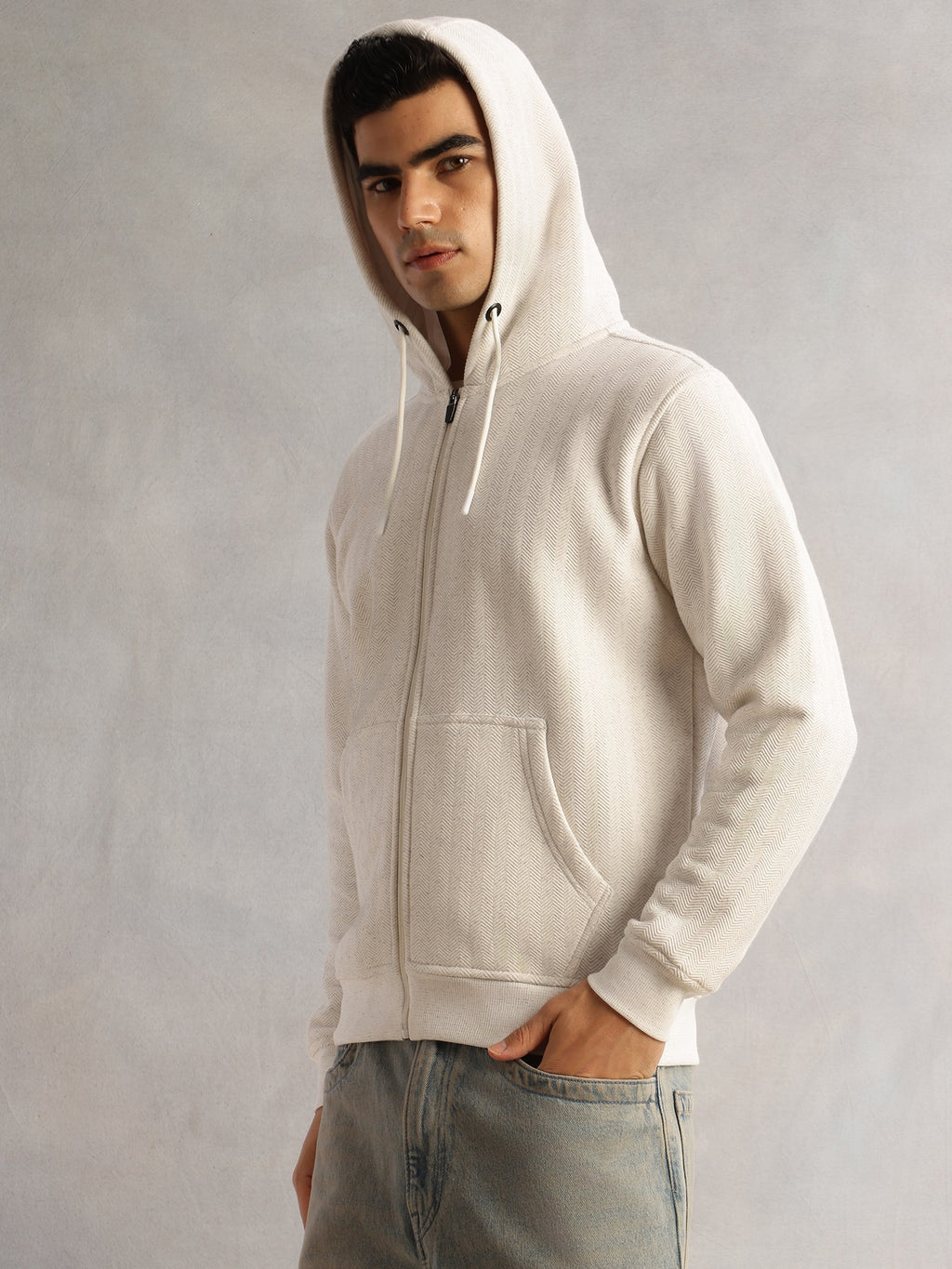 Thomas Scott Men White Regular Fit Long Sleeves 2 Pockets Front-Open Knitted Hooded Sweatshirt