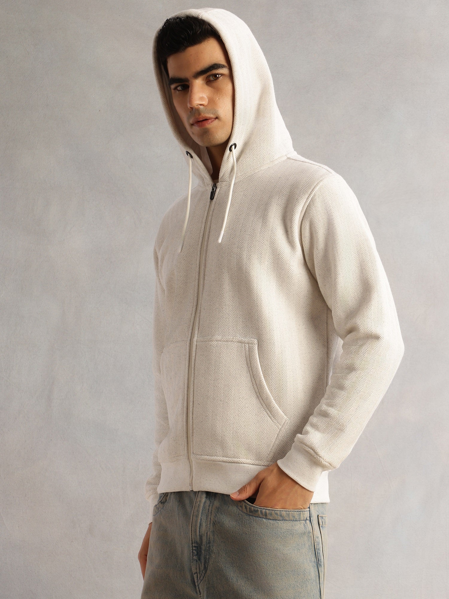 Thomas Scott Men White Regular Fit Long Sleeves 2 Pockets Front-Open Knitted Hooded Sweatshirt