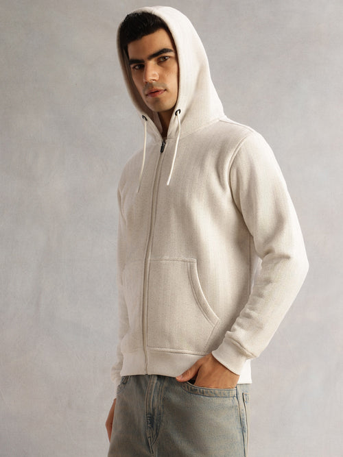 Thomas Scott Men White Regular Fit Long Sleeves 2 Pockets Front-Open Knitted Hooded Sweatshirt