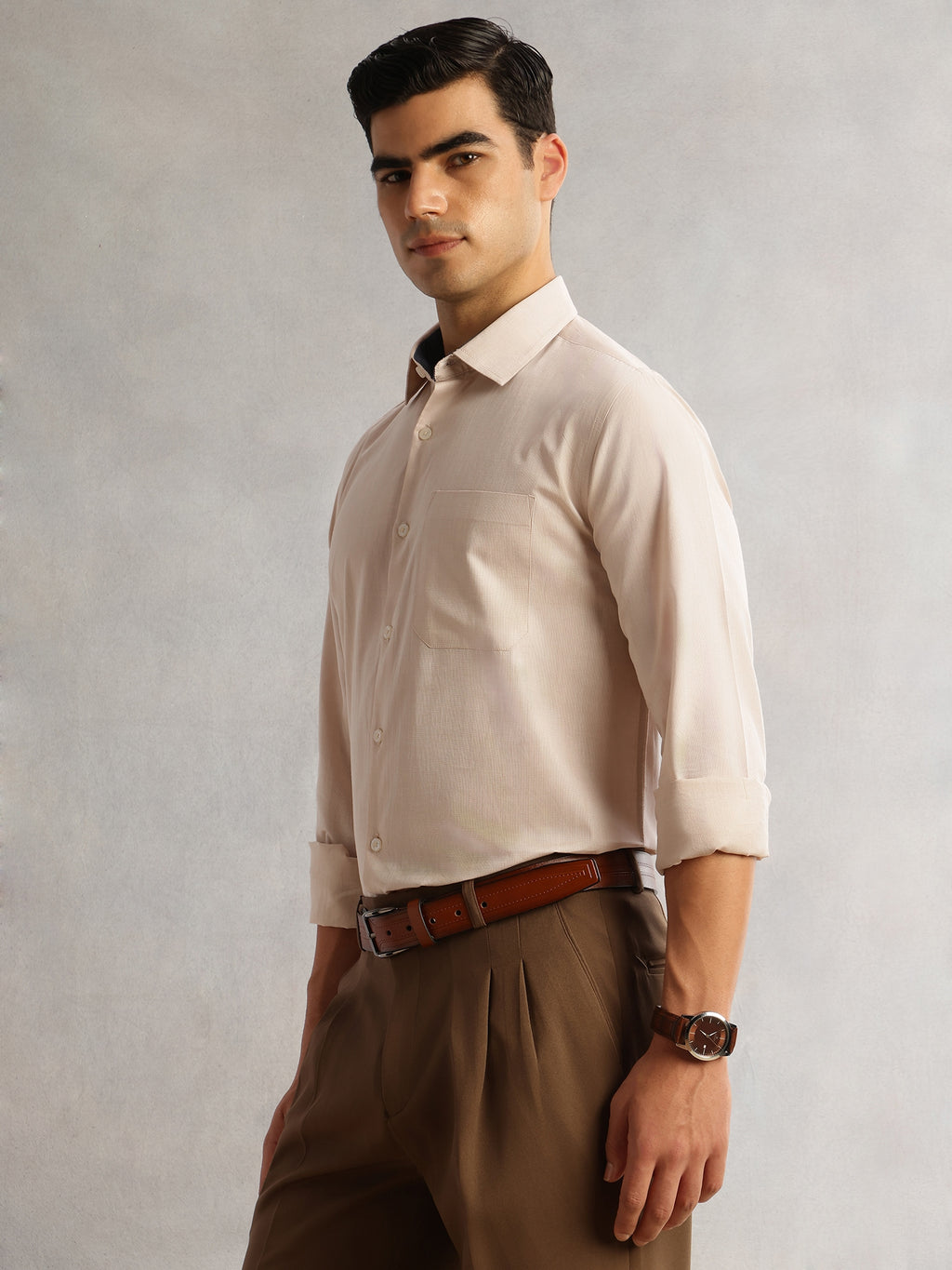Thomas Scott Men Beige Regular Fit Long Sleeves Cutaway Collar 100% Cotton Filafil Formal Shirt