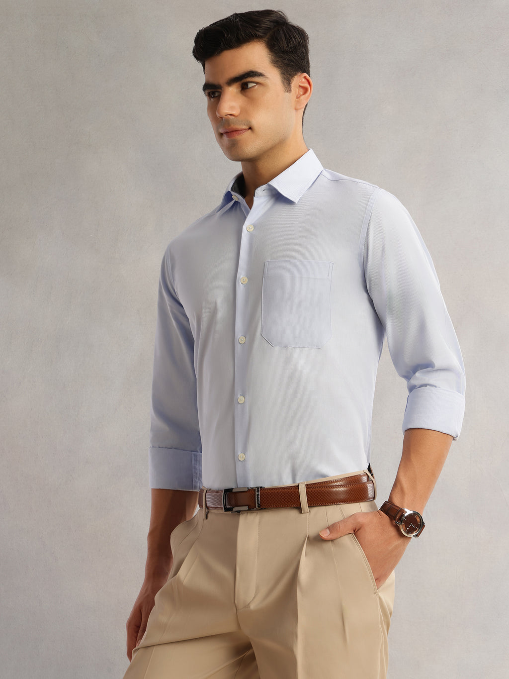 Thomas Scott Men Blue Regular Fit Long Sleeves Cutaway Collar 100% Cotton Dobby Formal Shirt