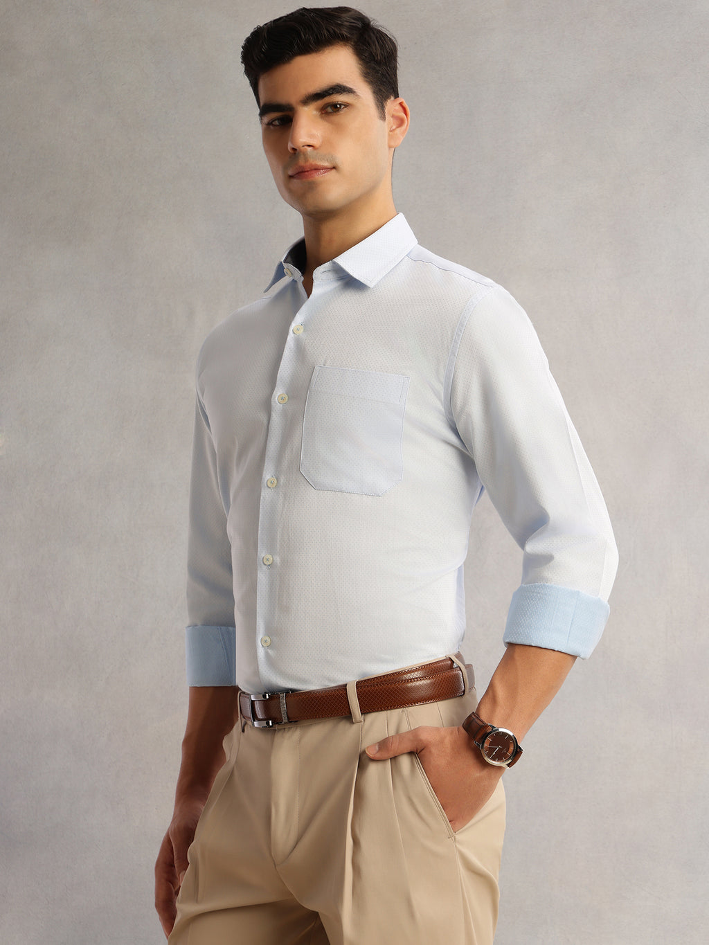 Thomas Scott Men Light Blue Regular Fit Long Sleeves Cutaway Collar 100% Cotton Dobby Formal Shirt