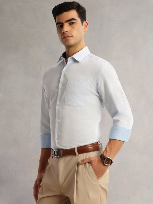 Thomas Scott Men Light Blue Regular Fit Long Sleeves Cutaway Collar 100% Cotton Dobby Formal Shirt