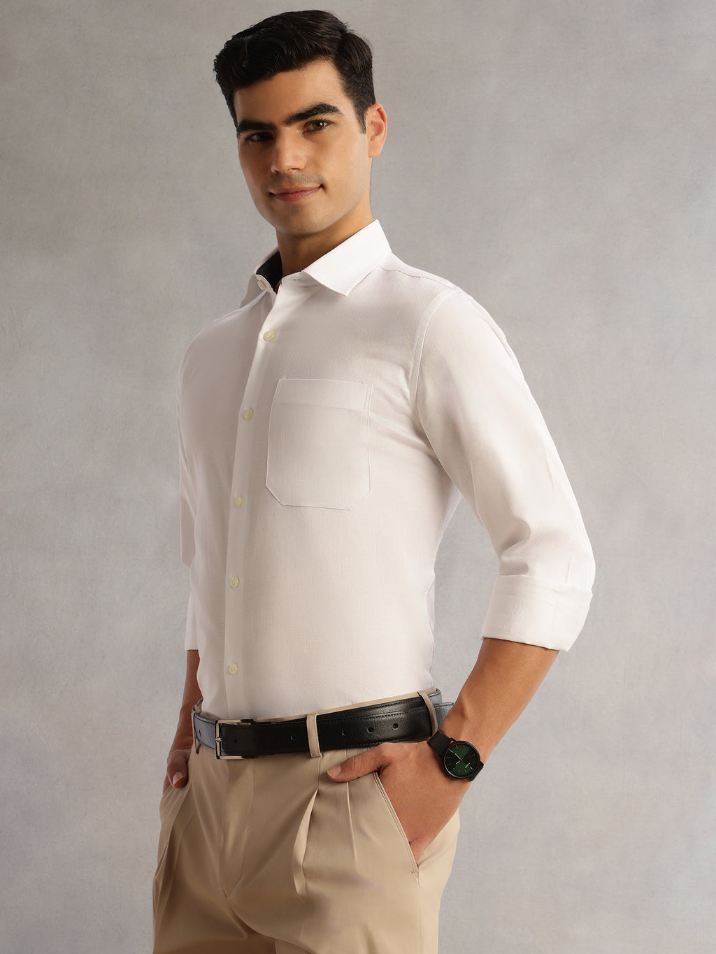Thomas Scott Men White Regular Fit Long Sleeves Cutaway Collar 100% Cotton Dobby Formal Shirt