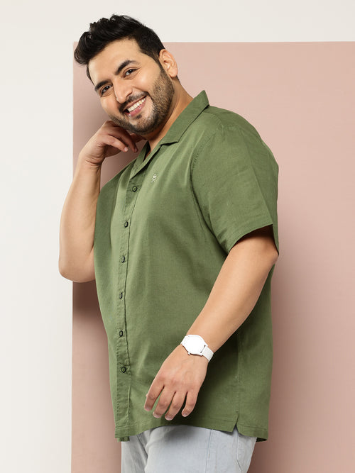 Thomas Scott Men Green Plus Size Oversized Fit Short Sleeves Cuban Collar Solid Cotton Linen Casual Shirt