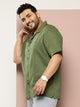Thomas Scott Men Green Plus Size Oversized Fit Short Sleeves Cuban Collar Solid Cotton Linen Casual Shirt