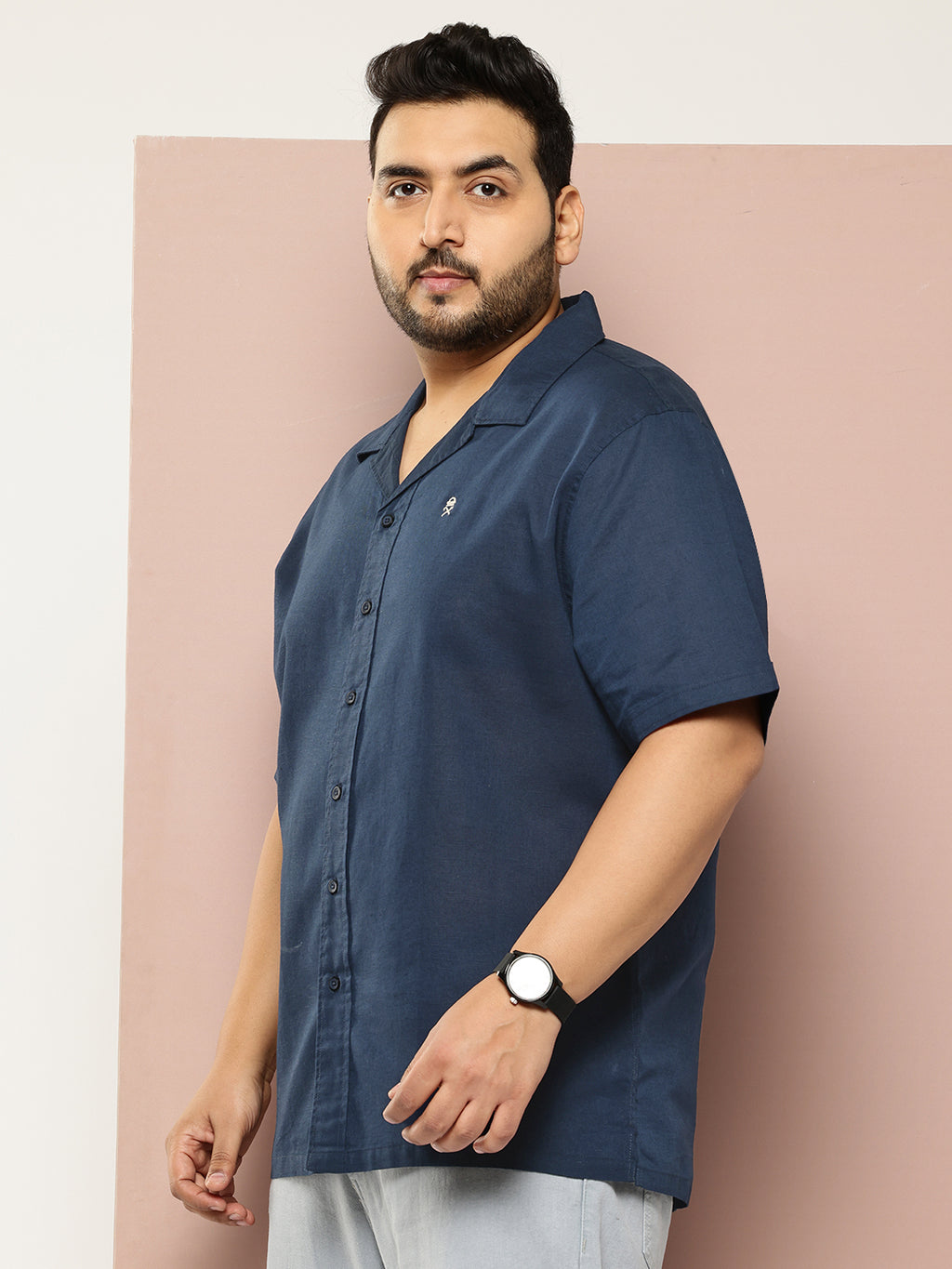 Thomas Scott Men Navy Plus Size Oversized Fit Short Sleeves Cuban Collar Solid Cotton Linen Casual Shirt