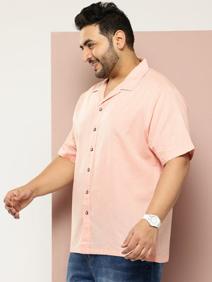 Peach Plus Size Oversized Fit Short Sleeves Cuban Collar Solid Cotton Linen Casual Shirt For Men