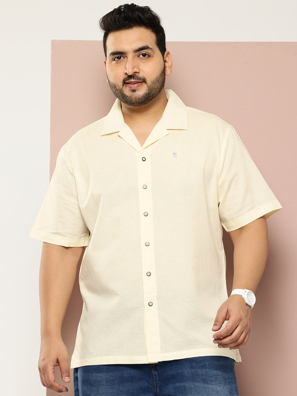 Thomas Scott Men Yellow Plus Size Oversized Fit Short Sleeves Cuban Collar Solid Cotton Linen Casual Shirt