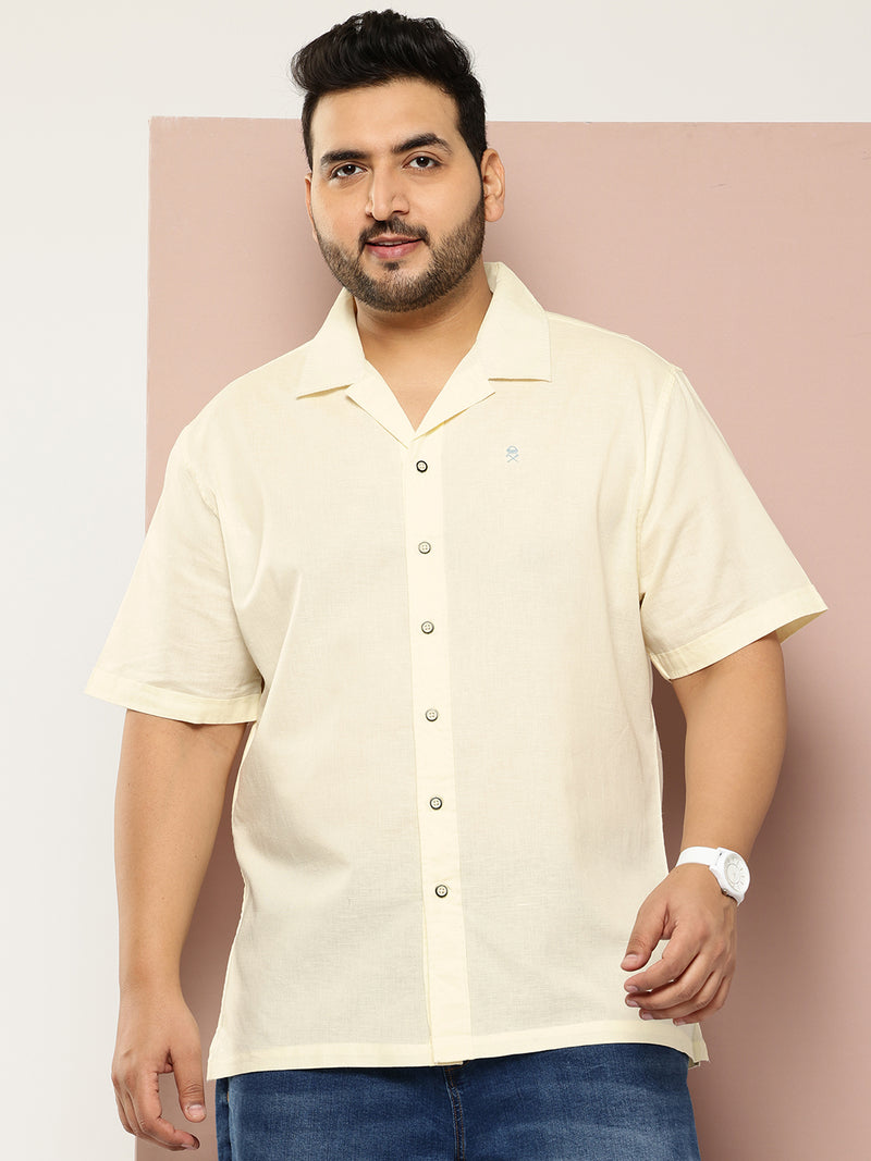 Thomas Scott Men Yellow Plus Size Oversized Fit Short Sleeves Cuban Collar Solid Cotton Linen Casual Shirt