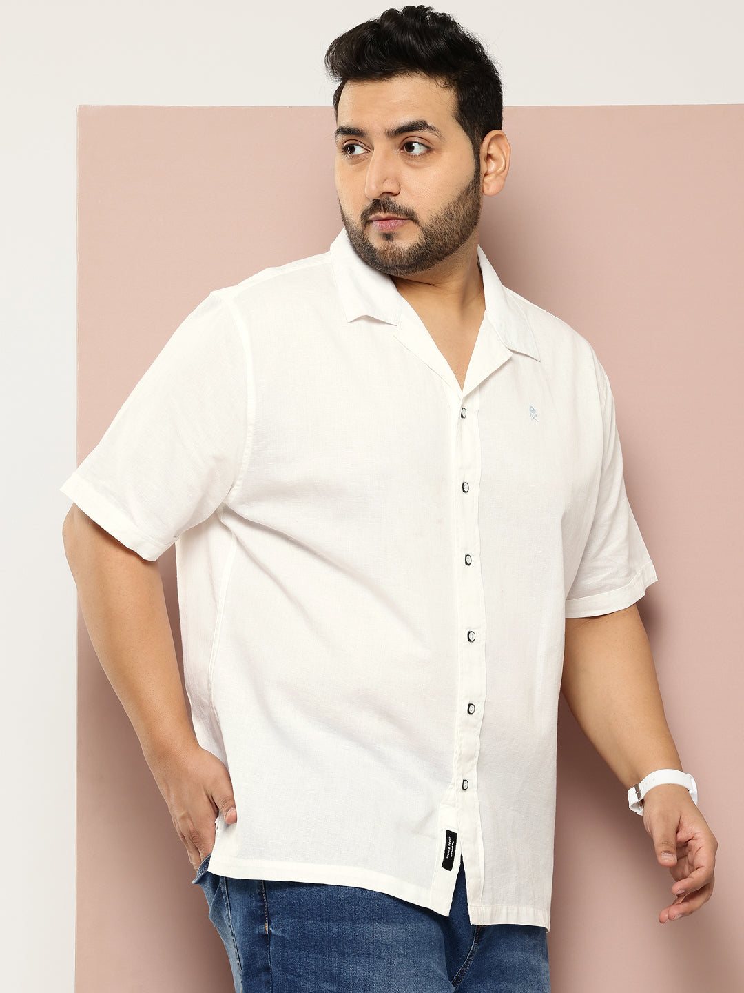 Thomas Scott Men White Plus Size Oversized Fit Short Sleeves Cuban Collar Solid Cotton Linen Casual Shirt