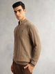 Thomas Scott Men Beige Regular Fit Long Sleeves Mock Collar Cable Knitted Pullover Sweater