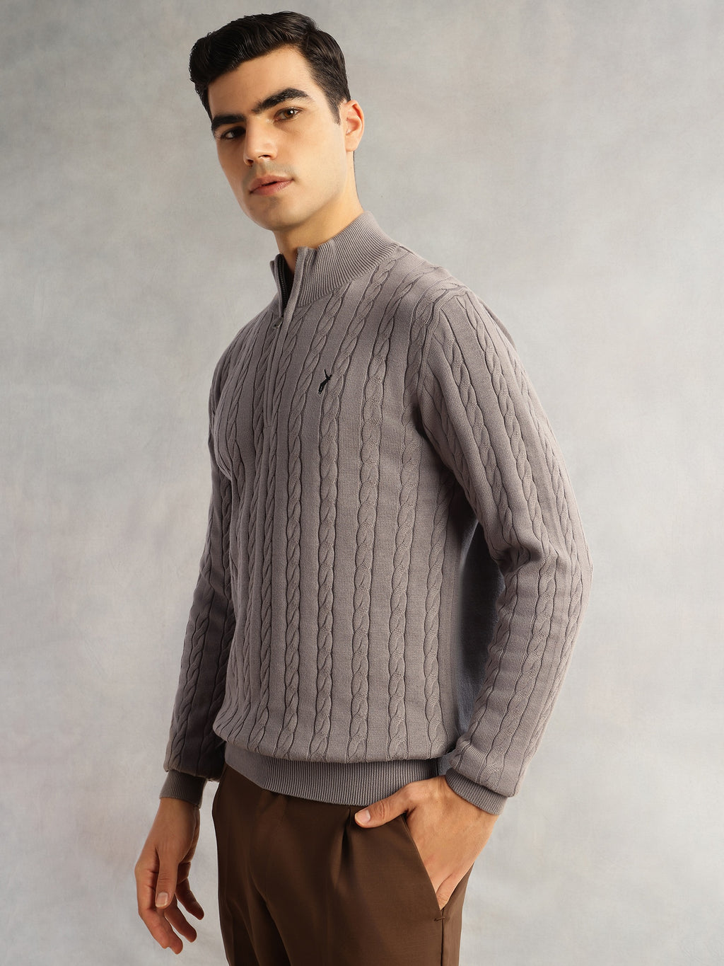 Thomas Scott Men Grey Regular Fit Long Sleeves Mock Collar Cable Knitted Pullover Sweater