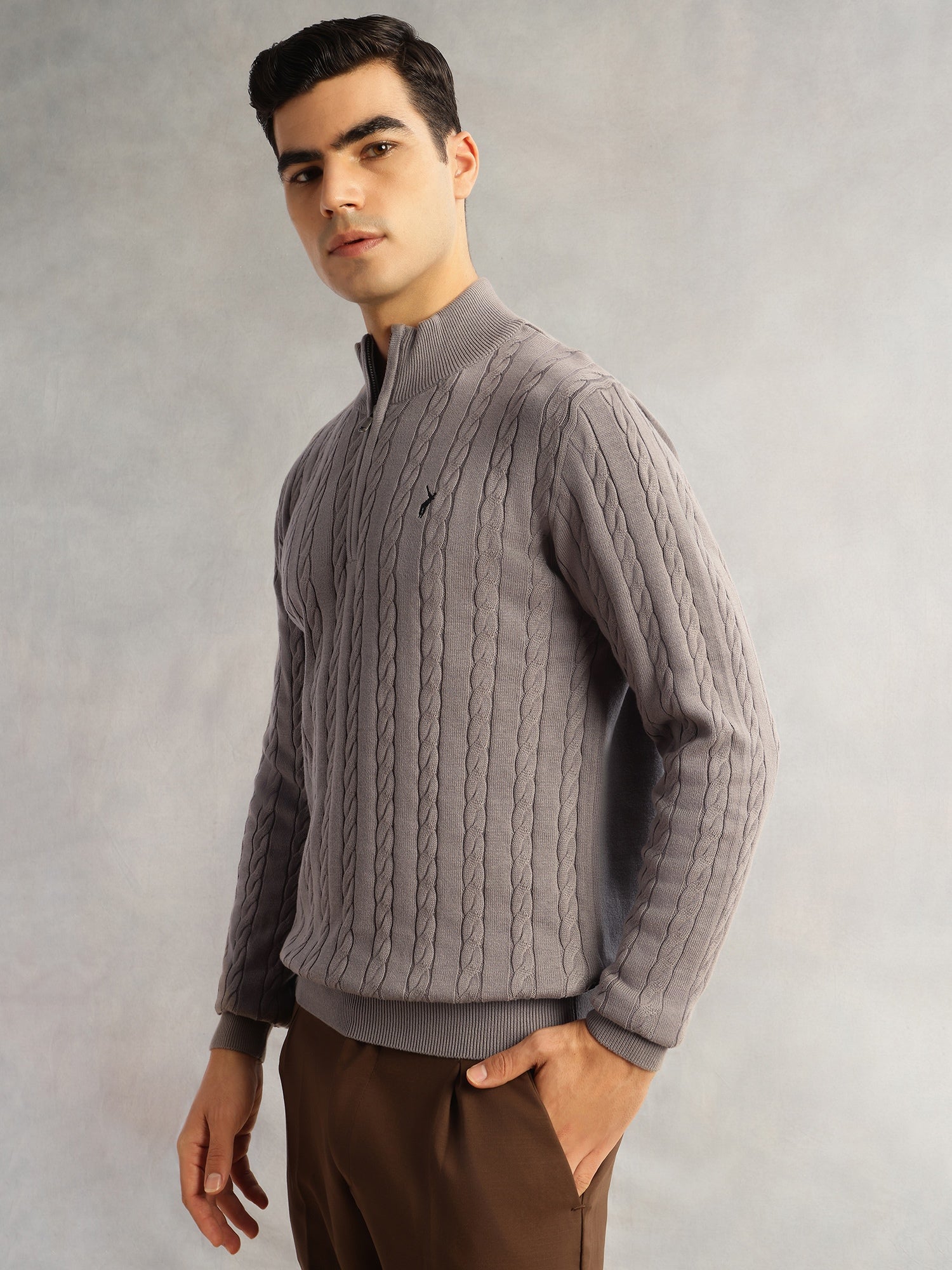 Thomas Scott Men Grey Regular Fit Long Sleeves Mock Collar Cable Knitted Pullover Sweater