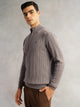 Thomas Scott Men Grey Regular Fit Long Sleeves Mock Collar Cable Knitted Pullover Sweater