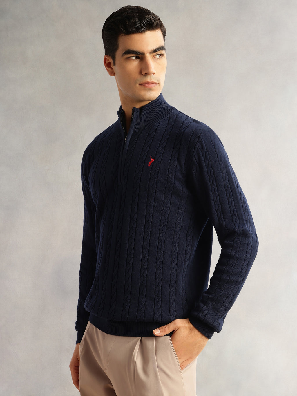 Thomas Scott Men Navy Regular Fit Long Sleeves Mock Collar Cable Knitted Pullover Sweater