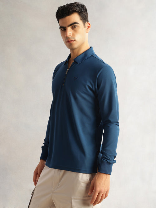 Thomas Scott Men Rama Blue Regular Fit Long Sleeves Solid Polyester Knitted Polo Collar T-shirt