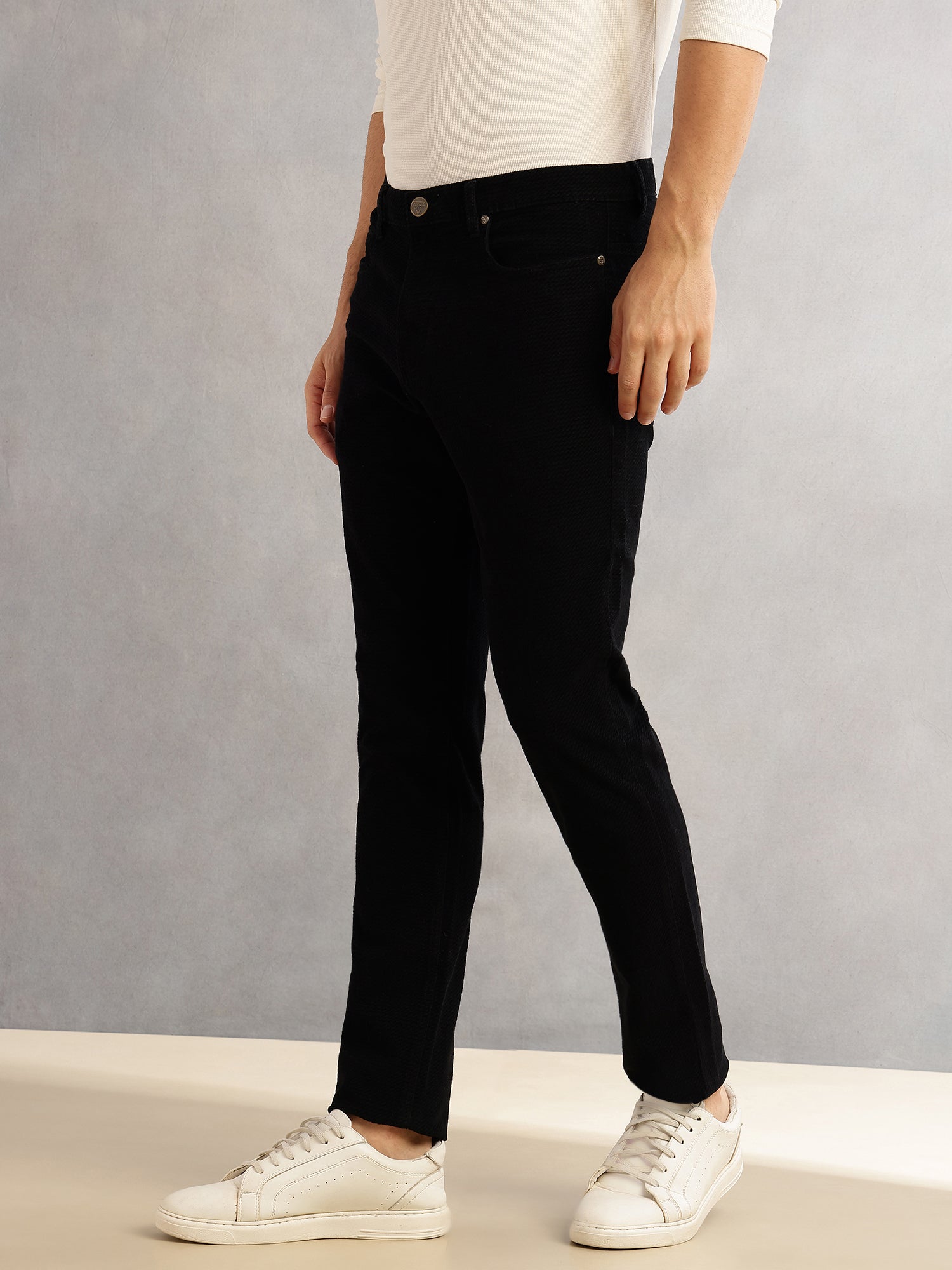 Thomas Scott Men Black Regular Fit Mid-Rise 5 Pockets Gabbar Corduroy Chinos Trouser