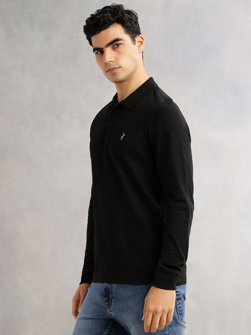 Thomas Scott Men Black Regular Fit Long Sleeves Solid Polo Collar Knitted T-shirt