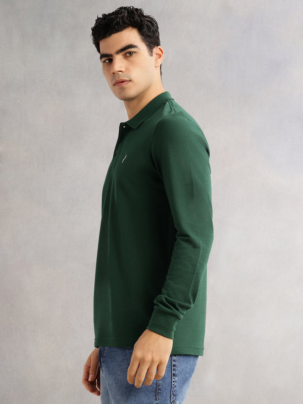 Bottle Green Regular Fit Long Sleeves Solid Polo Collar Knitted Tshirt For Men
