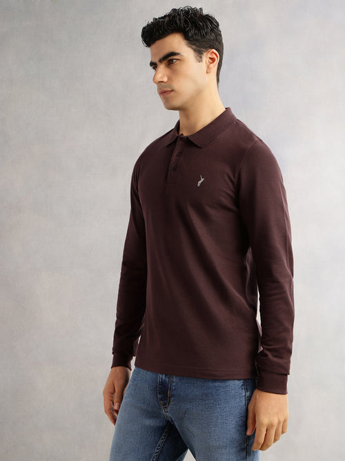 Thomas Scott Men Brown Regular Fit Long Sleeves Solid Polo Collar Knitted T-shirt
