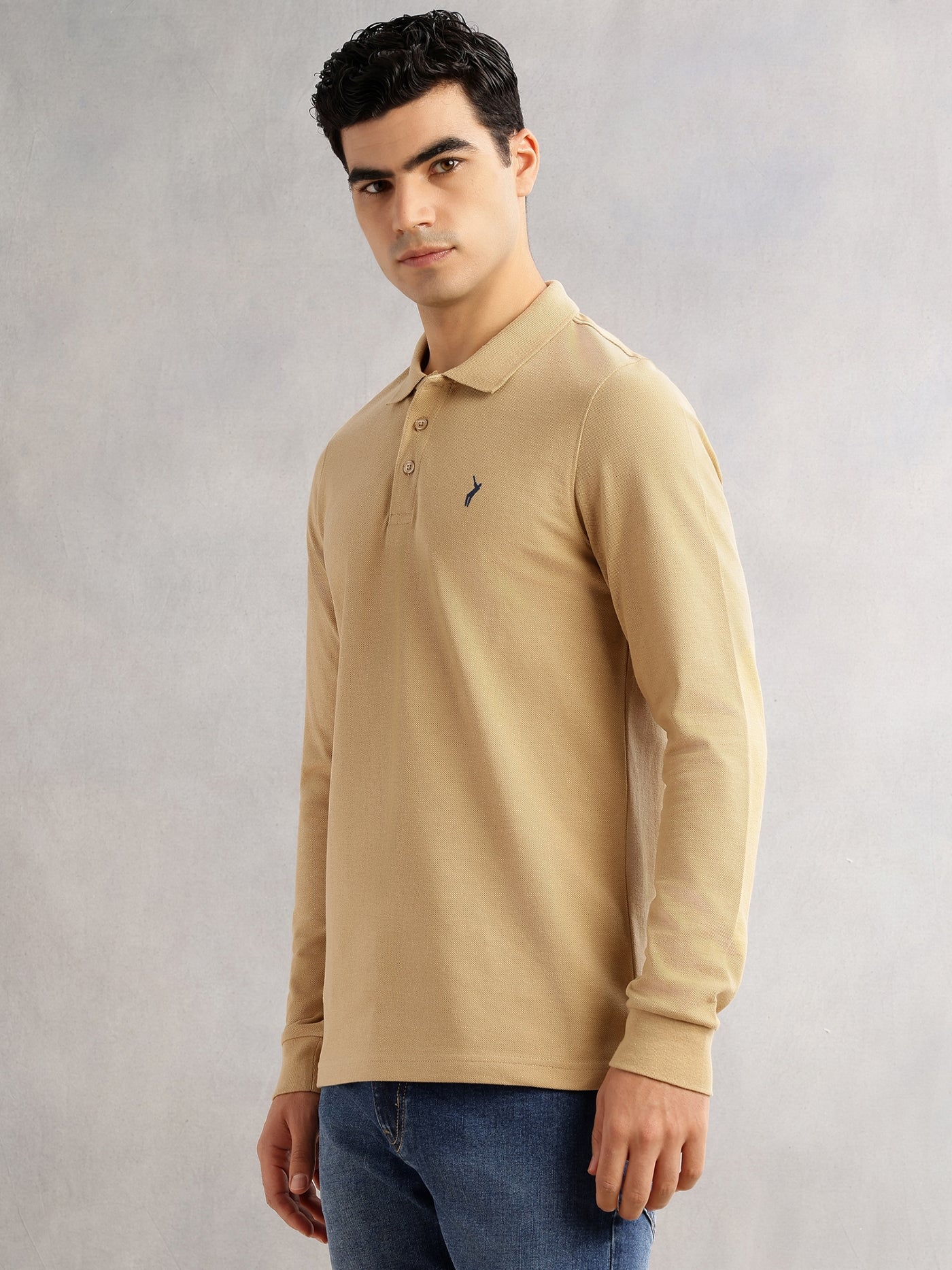 Thomas Scott Men Khaki Regular Fit Long Sleeves Solid Polo Collar Knitted T-shirt