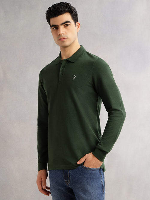 Thomas Scott Men Olive Regular Fit Long Sleeves Solid Polo Collar Knitted T-shirt