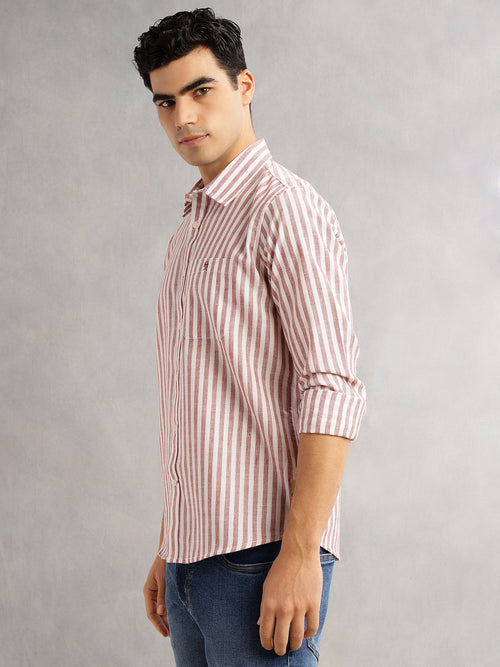 Thomas Scott Men Maroon Slim Fit Long Sleeves Spread Collar Vertical Stripes Linen Casual Shirt