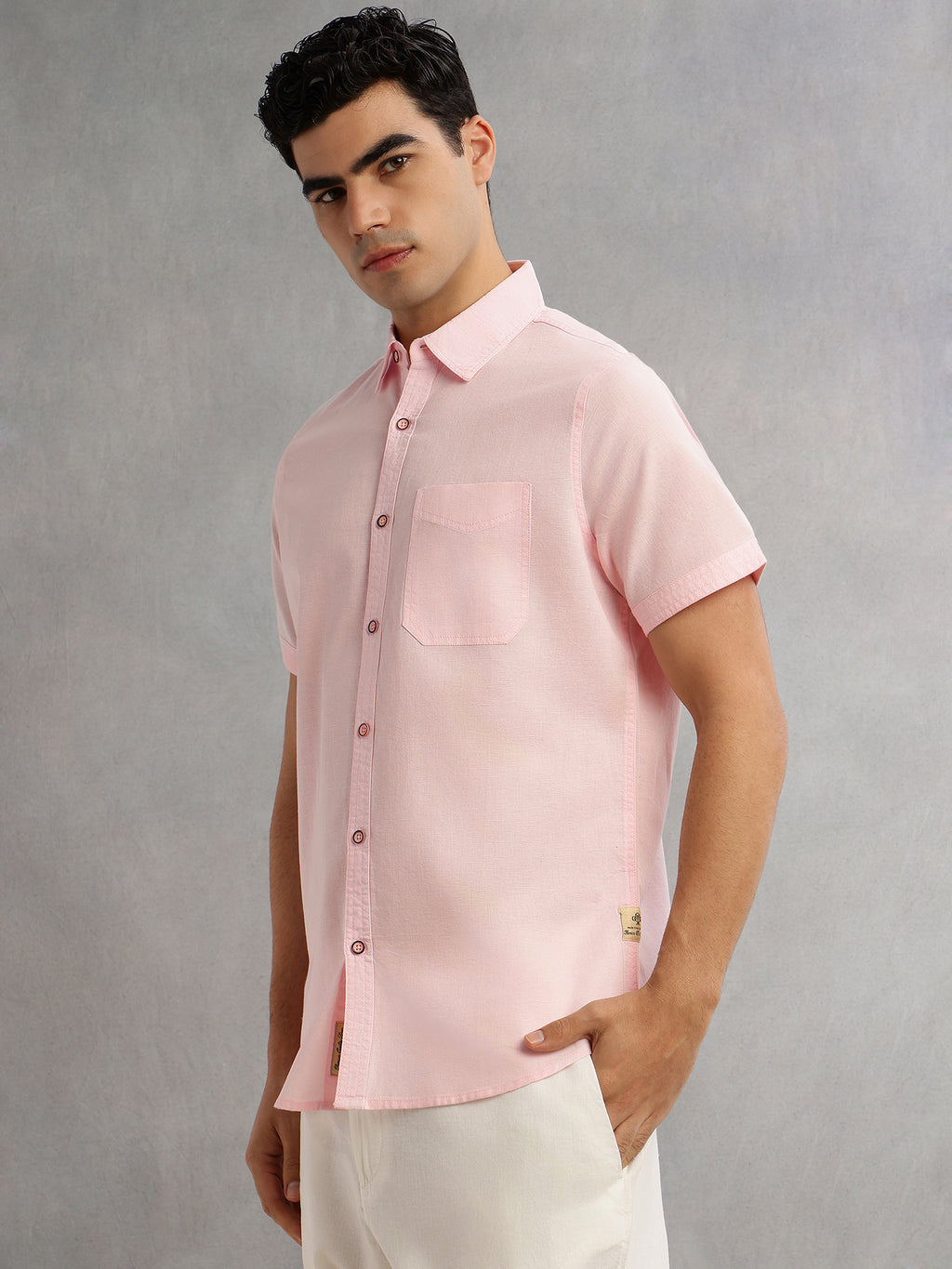 Thomas Scott Men Pink Premium Regular Fit Short Sleeves Spread Collar Solid Linen Casual Shirt
