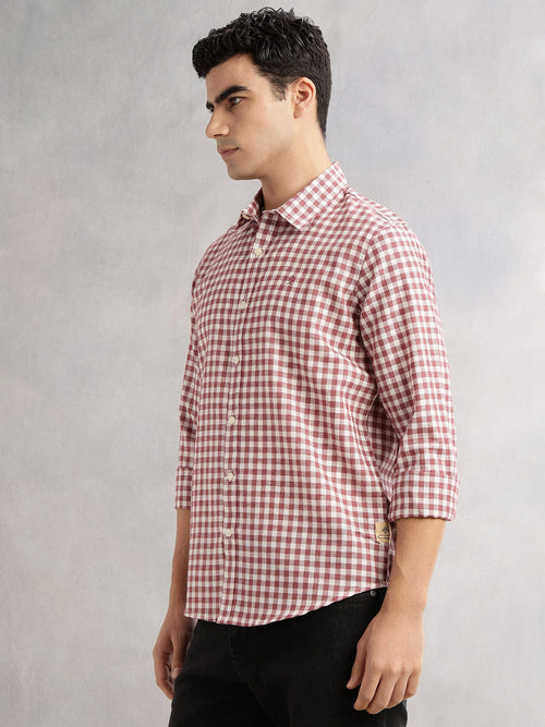Thomas Scott Men Maroon Slim Fit Long Sleeves Spread Collar Tartan Checks Linen Casual Shirt