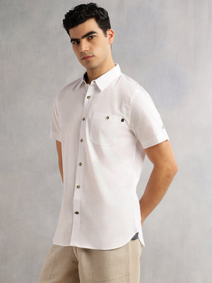 White Regular Fit Short Sleeves Spread Collar 100% Cotton Casual Shirt For Men