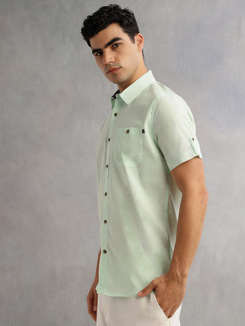 Thomas Scott Men Lime Green Regular Fit Short Sleeves Spread Collar 100% Cotton Casual Shirt