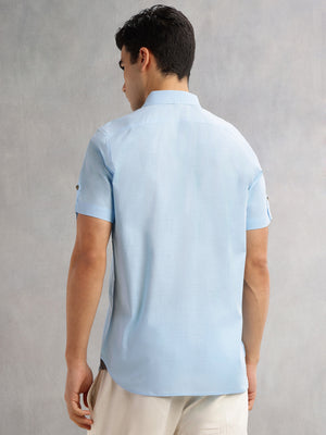 Blue Regular Fit Short Sleeves Spread Collar 100% Cotton Casual Shirt For Men