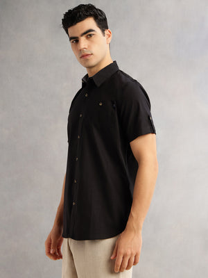 Black Regular Fit Short Sleeves Spread Collar 100% Cotton Casual Shirt For Men