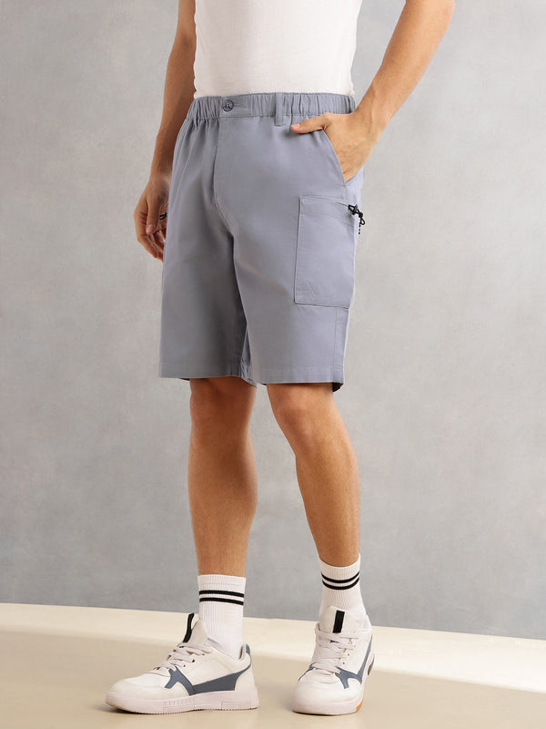 Blue Relaxed Fit Mid-Rise Solid 100% Cotton Woven Cargo Shorts For Men