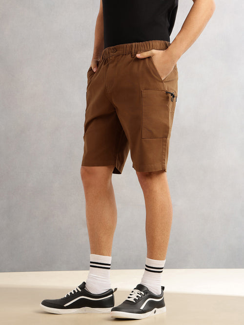 Thomas Scott Men Brown Relaxed Fit Mid-Rise Solid 100% Cotton Woven Cargo Shorts