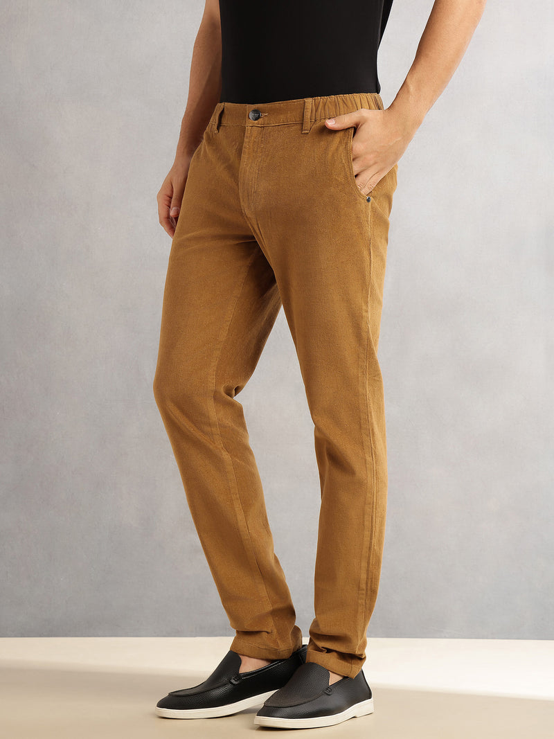 Thomas Scott Men Sand Regular Fit Mid-Rise 4 Pockets Woven Corduroy Trouser