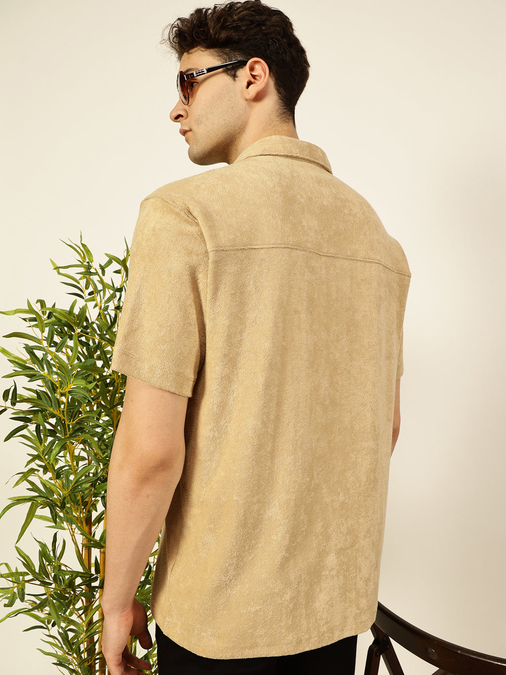 Thomas Scott Men Cream Towel Terry Relaxed Fit Short Sleeves Spread Collar Knitted Casual Shirt