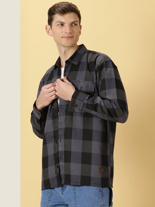 Thomas Scott Men Grey Regular Fit Long Sleeves Buffalo Checked 2 Flap Pockets Twill Cotton Shirt