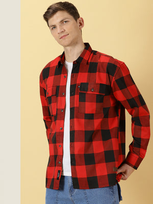 Thomas Scott Men Red Regular Fit Long Sleeves Buffalo Checked 2 Flap Pockets Twill Cotton Shirt
