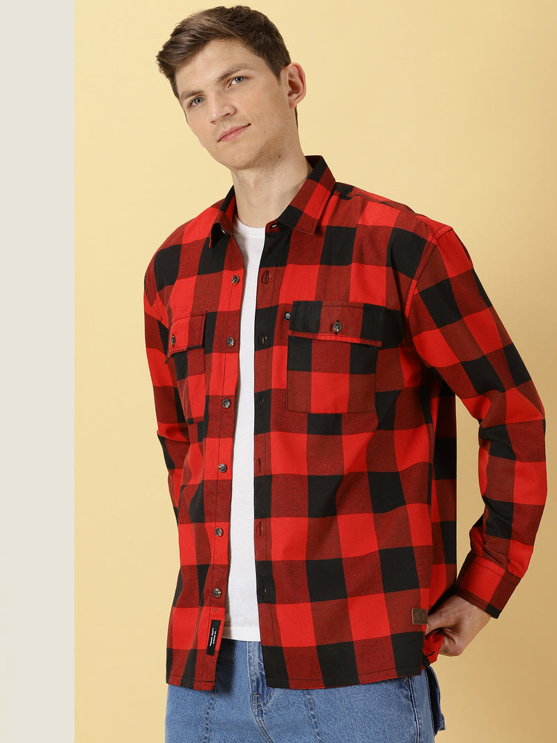Thomas Scott Men Red Regular Fit Long Sleeves Buffalo Checked 2 Flap Pockets Twill Cotton Shirt