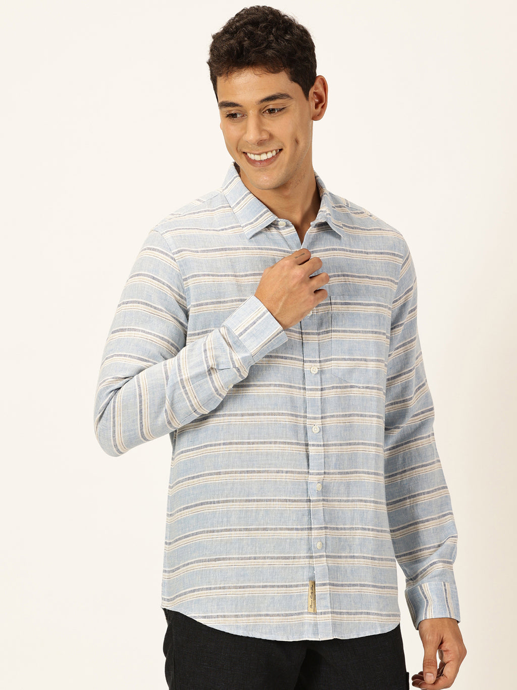 Thomas Scott Men Blue Slim Fit Long Sleeves Spread Collar Horizontal Stripes Linen Casual Shirt