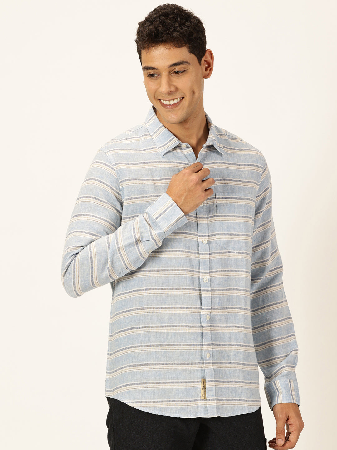 Thomas Scott Men Blue Slim Fit Long Sleeves Spread Collar Horizontal Stripes Linen Casual Shirt