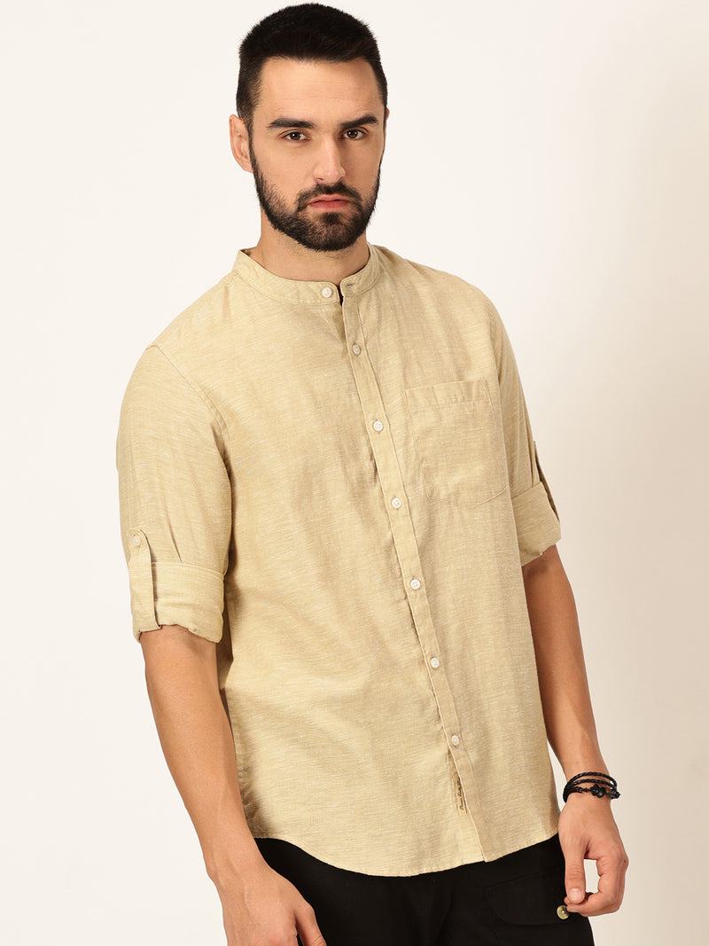 Thomas Scott Men Khaki Slim Fit Long Sleeves Mandarin Collar Cotton Linen Casual Shirt