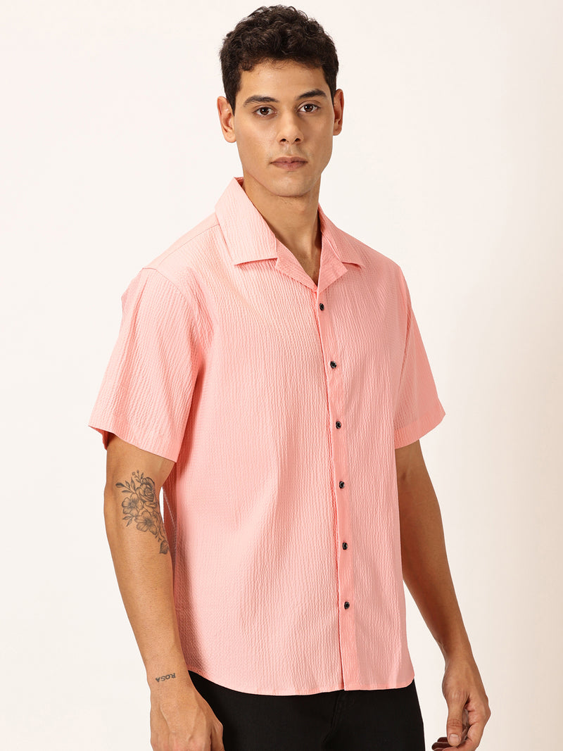 Thomas Scott Men Pink Slim Fit Textured Short Sleeves Cuban Collar Casual Shirt