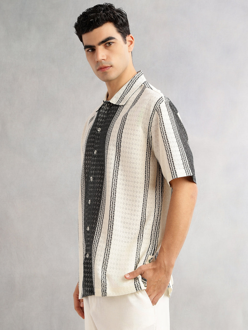 Thomas Scott Men Self Design Textured Regular Fit Semi-Sheer Casual Crochet Shirt