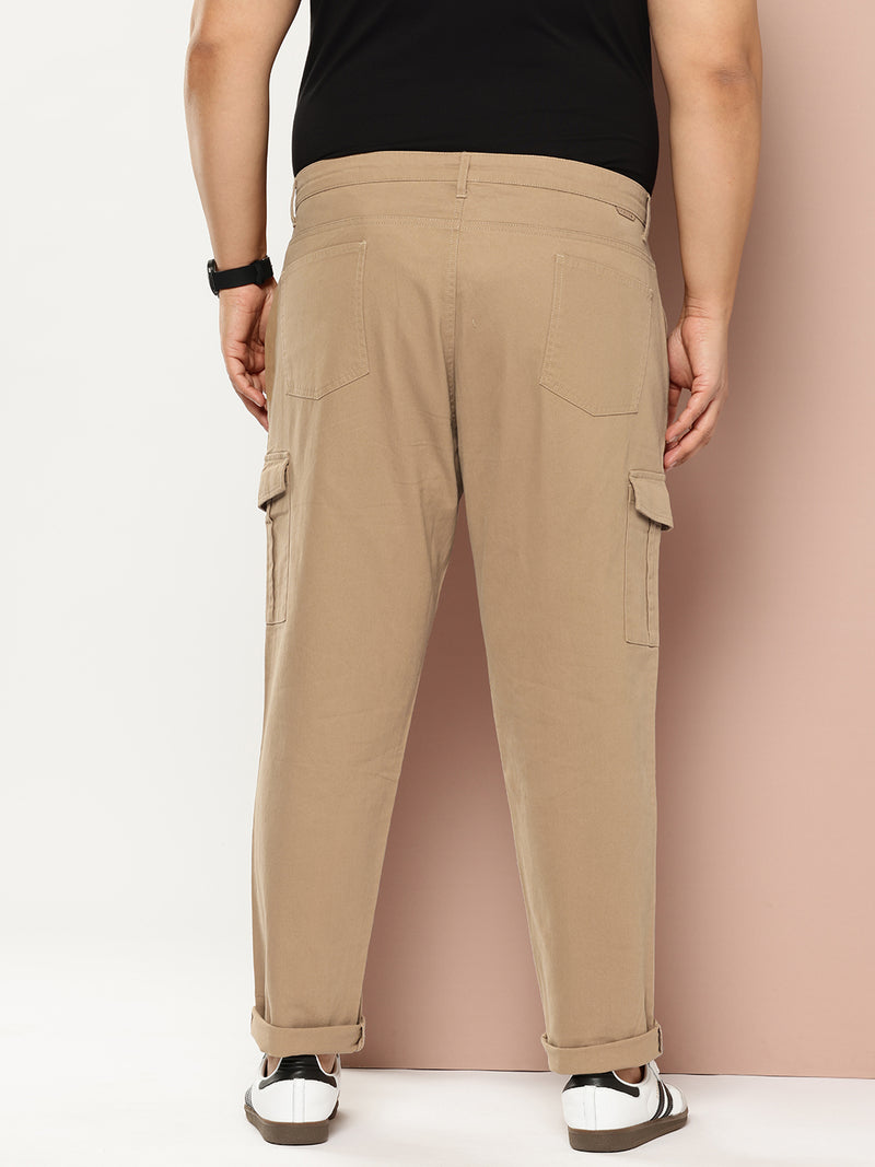 Thomas Scott Men Beige Cricket Club Plus Size Regular Fit Mid-Rise Solid Woven Cargo Trouser